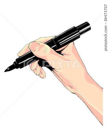 Illustration of a hand using a felt-tip pen seen from the side Colorful Illustration of a hand using a felt-tip pen seen from the side Colorful 86473707
