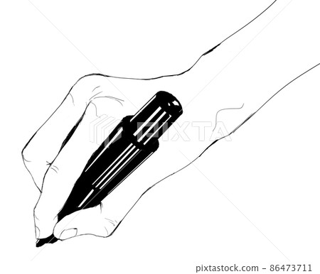 Illustration monochrome of a hand holding a felt-tip pen diagonally 86473711