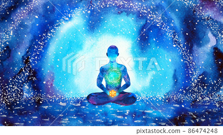sacral orange chakra human meditate mind mental health yoga spiritual healing meditation peace watercolor painting illustration design abstract universe 86474248