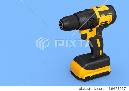 Cordless drill or yellow screwdriver isolated on blue background Cordless drill or yellow screwdriver isolated on blue background 86475317