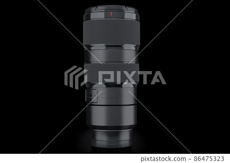 Modern nonexistent DSLR telephoto camera lens on black background Modern nonexistent DSLR telephoto camera lens on black background 86475323