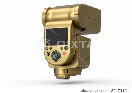 Camera external gold flash speedlight isolated on white background. Camera external gold flash speedlight isolated on white background. 86475324