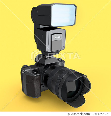 Nonexistent DSLR camera with lens and external flash speedlight on yellow. 86475326