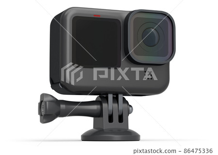 Photo and video lightweight black action camera with display on white 86475336