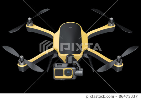 Flying photo and video drone or quad copter with action camera isolated on black 86475337