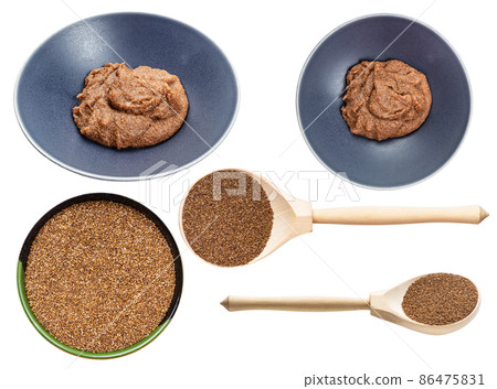 set of boiled and raw teff seeds isolated on white 86475831
