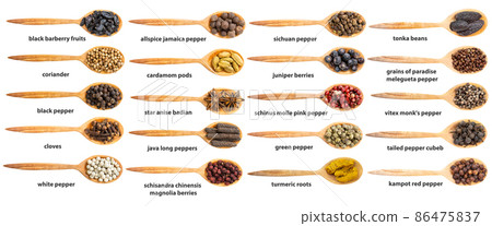 set of top view of wood spoon with various spices 86475837
