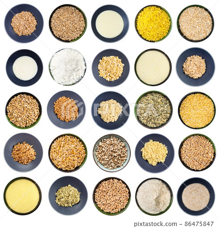 set of raw and cooked various wheats in bowls set of raw and cooked various wheats in bowls 86475847