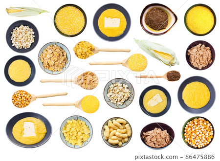 set of various cooked and raw maize corns isolated 86475886