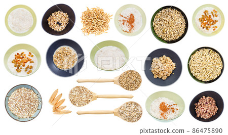 set of various cooked and raw oat grains isolated set of various cooked and raw oat grains isolated 86475890