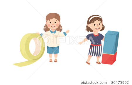 Cute Girl with Huge Eraser and Tape as School Stationery Vector Illustration Set Cute Girl with Huge Eraser and Tape as School Stationery Vector Illustration Set 86475992