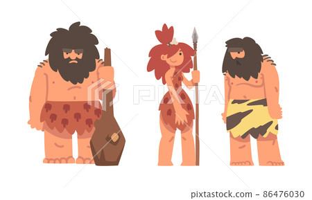 Standing Primitive Bearded Man and Woman Character from Stone Age Wearing Animal Skin Vector Illustration Set 86476030