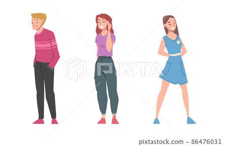 Positive Man and Woman Character Standing with Smiling Face Feeling Euphoric and in High Spirits Vector Set 86476031