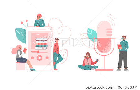 Podcast or Spoken Episodic Serie Listening with Man and Woman Character Near Huge Microphone Using Mobile Gadget Vector Illustration Set Podcast or Spoken Episodic Serie Listening with Man and Woman Character Near Huge Microphone Using Mobile Gadget Vector Illustration Set 86476037