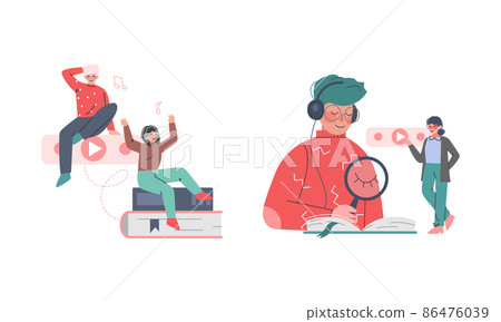 Podcast or Spoken Episodic Serie Listening with Man and Woman Character with Headphones Using Mobile Gadget Vector Illustration Set 86476039