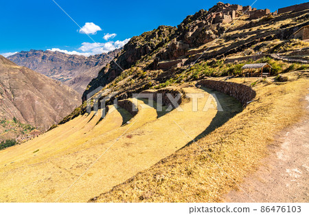 Inca terraces at Pisac in Peru 86476103