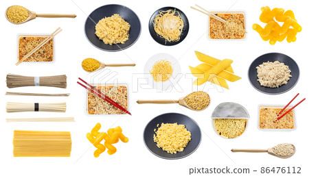 set of various cooked and dry pasta and noodles set of various cooked and dry pasta and noodles 86476112