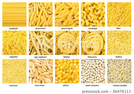 various wheat pasta and noodle with names close up 86476113