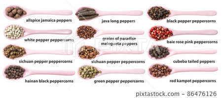 set of ceramic spoons with various peppercorns set of ceramic spoons with various peppercorns 86476126
