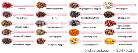 ceramic spoons with various spices with names 86476128