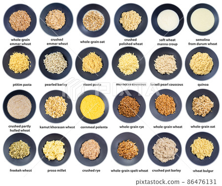 set of top view of various boiled groats with names 86476131