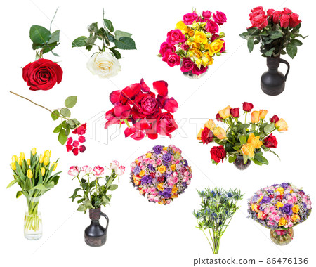 set of various roses and flowers in vases isolated 86476136
