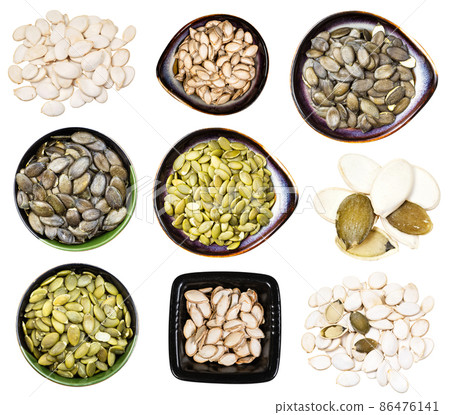 set of various pumpkin seeds isolated on white 86476141