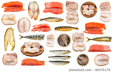 set of varios smoked fishes cut out on white set of varios smoked fishes cut out on white 86476170