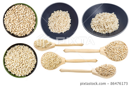 set of boiled and raw sorghum groats isolated 86476173