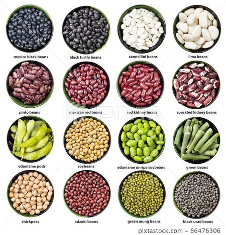 set of various beans in bowls with names isolated 86476306