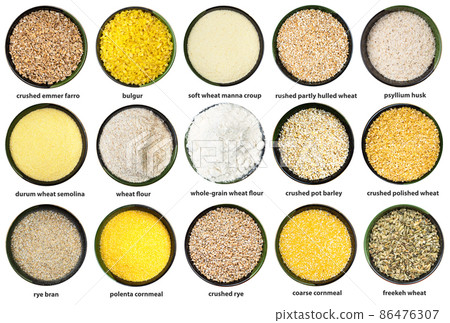 set of various crushed grains in bowls with names 86476307