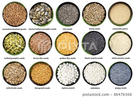 set of various seeds and grains in bowl with names set of various seeds and grains in bowl with names 86476308
