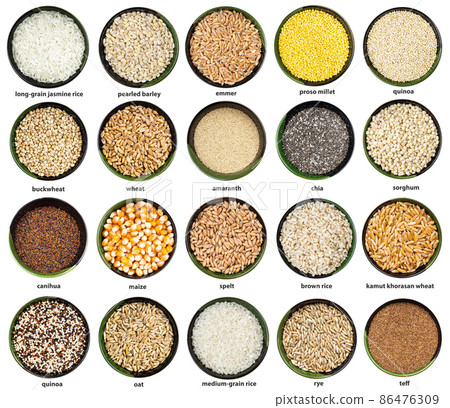 set of various grains in bowls with names 86476309