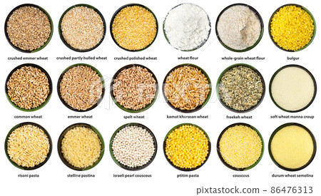 set of various wheat grains in bowls with names 86476313