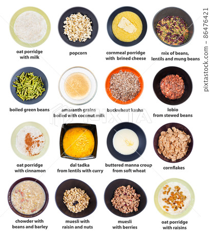set of various cooked grains in bowls with names set of various cooked grains in bowls with names 86476421