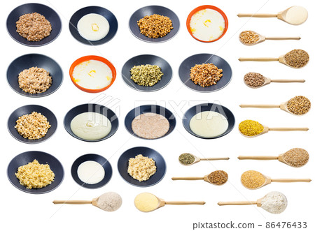 set of various raw and cooked different wheats 86476433