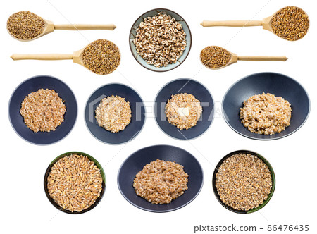 set of various cooked and raw emmer wheat grains 86476435