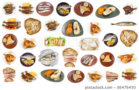 set of various fried fishes isolated on white 86476450