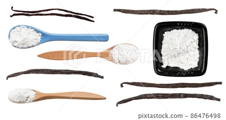 set of vanilla pods and sugars isolated set of vanilla pods and sugars isolated 86476498