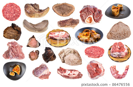 set of raw and boiled pieces of beef isolated set of raw and boiled pieces of beef isolated 86476556