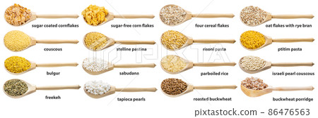 set of precooked grains in wood spoons with names 86476563