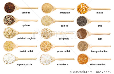 set of wooden spoon with various grains with names set of wooden spoon with various grains with names 86476569