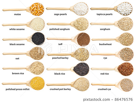 set of wooden spoon with various groats with names set of wooden spoon with various groats with names 86476576