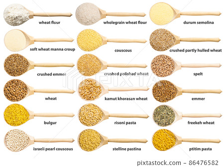 set of spoon with various wheat grains with names 86476582