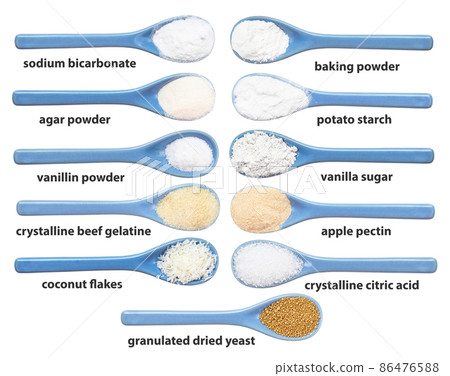 blue ceramic spoon with various cooking additives blue ceramic spoon with various cooking additives 86476588