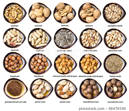 set of various nuts with names in ceramic bowls set of various nuts with names in ceramic bowls 86476590