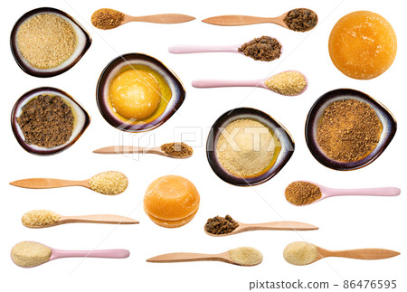 set of various brown sugars isolated on white set of various brown sugars isolated on white 86476595