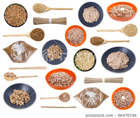 set of various buckwheat groats isolated on white 86476596