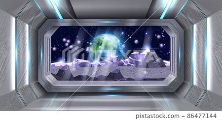Space ship window, vector shuttle cockpit view, alien planet background, game spacecraft station. Space ship window, vector shuttle cockpit view, alien planet background, game spacecraft station. 86477144