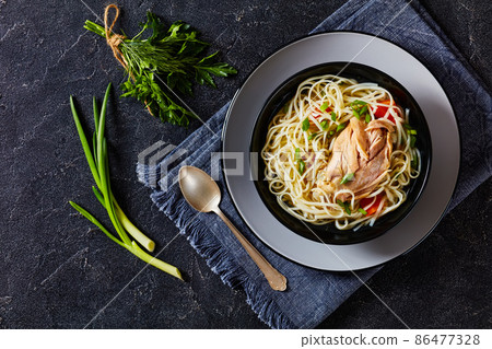 chicken noodle soup with carrots and scallion chicken noodle soup with carrots and scallion 86477328
